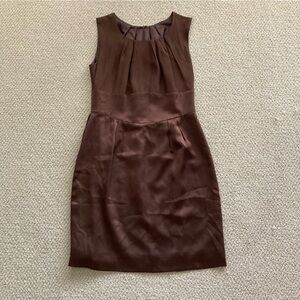 Britt Ryan Brown 100% Silk Midi Dress Size 8 High Neck Professional Pleated EUC